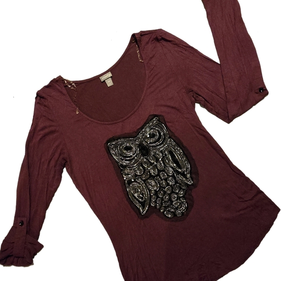 🟣Vanity Burgundy Black cOwl Chain Sequin Lace Embroidered Top Size Medium - Picture 2 of 12